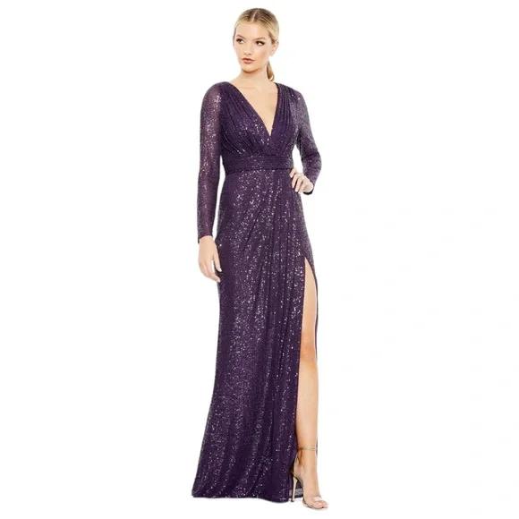 Mac Duggal | Dresses | Mac Duggal Sequin V Neck Faux Wrap Long Sleeve Gown Purple Size 2 | Poshmark Mac Duggal | Dresses | Mac Duggal Sequin V Neck Faux Wrap Long Sleeve Gown Purple Size 2 | Poshmark